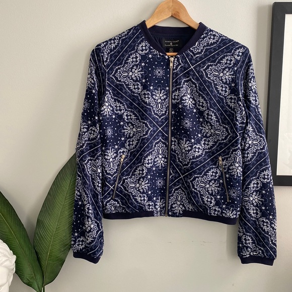 Maison Coupé Navy and White Paisley Zip Up Bomber Jacket - Picture 1 of 9